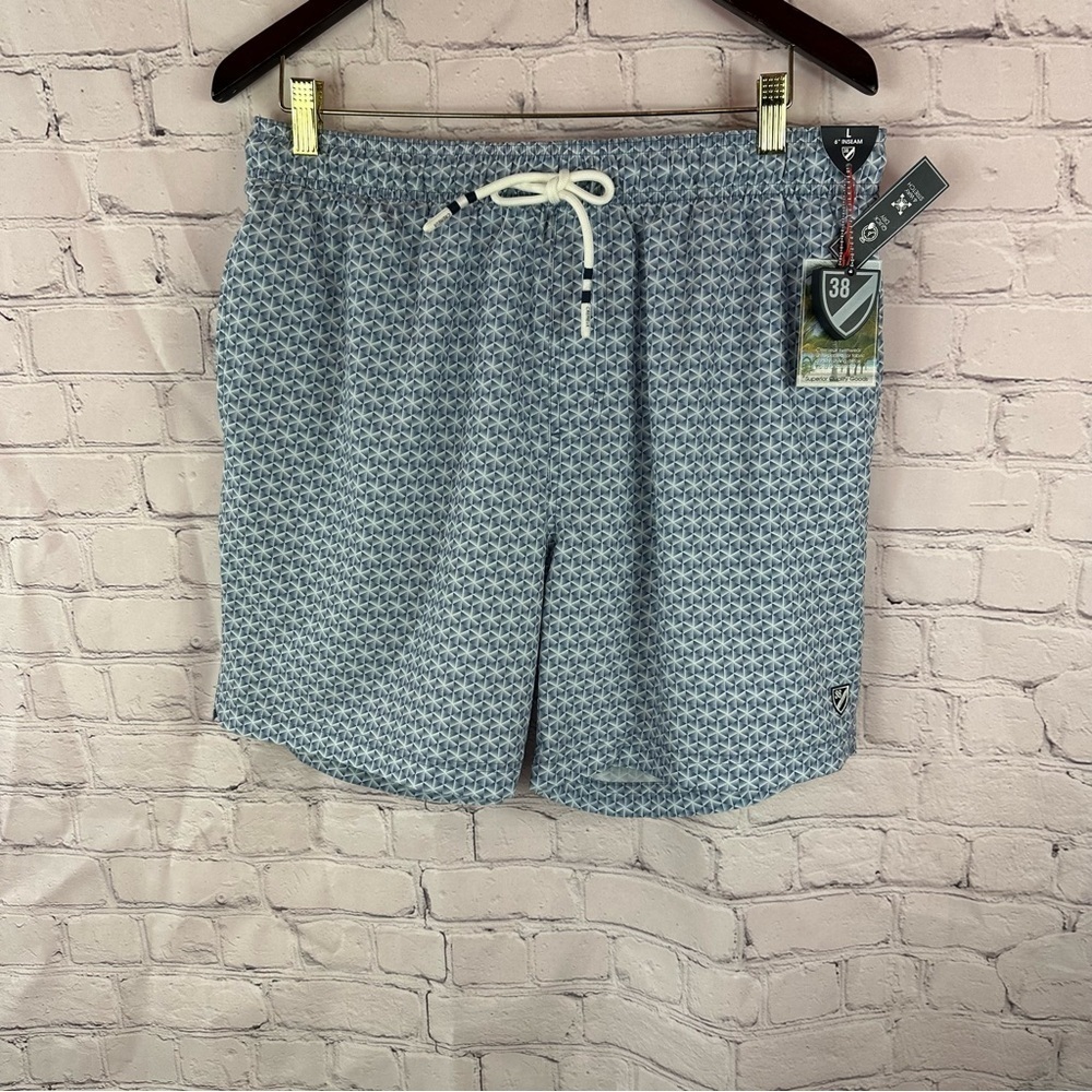 Daniel Cremieux swimwear Blue White geo print 6" Swim Trunks shorts sz L